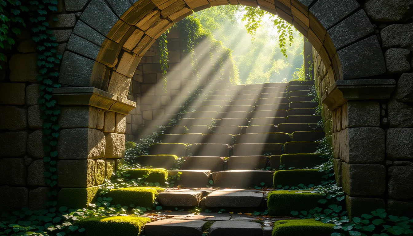 Sunlight slices through a crumbling stone aqueduct in Beaufort, casting sharp geometric shadows on m