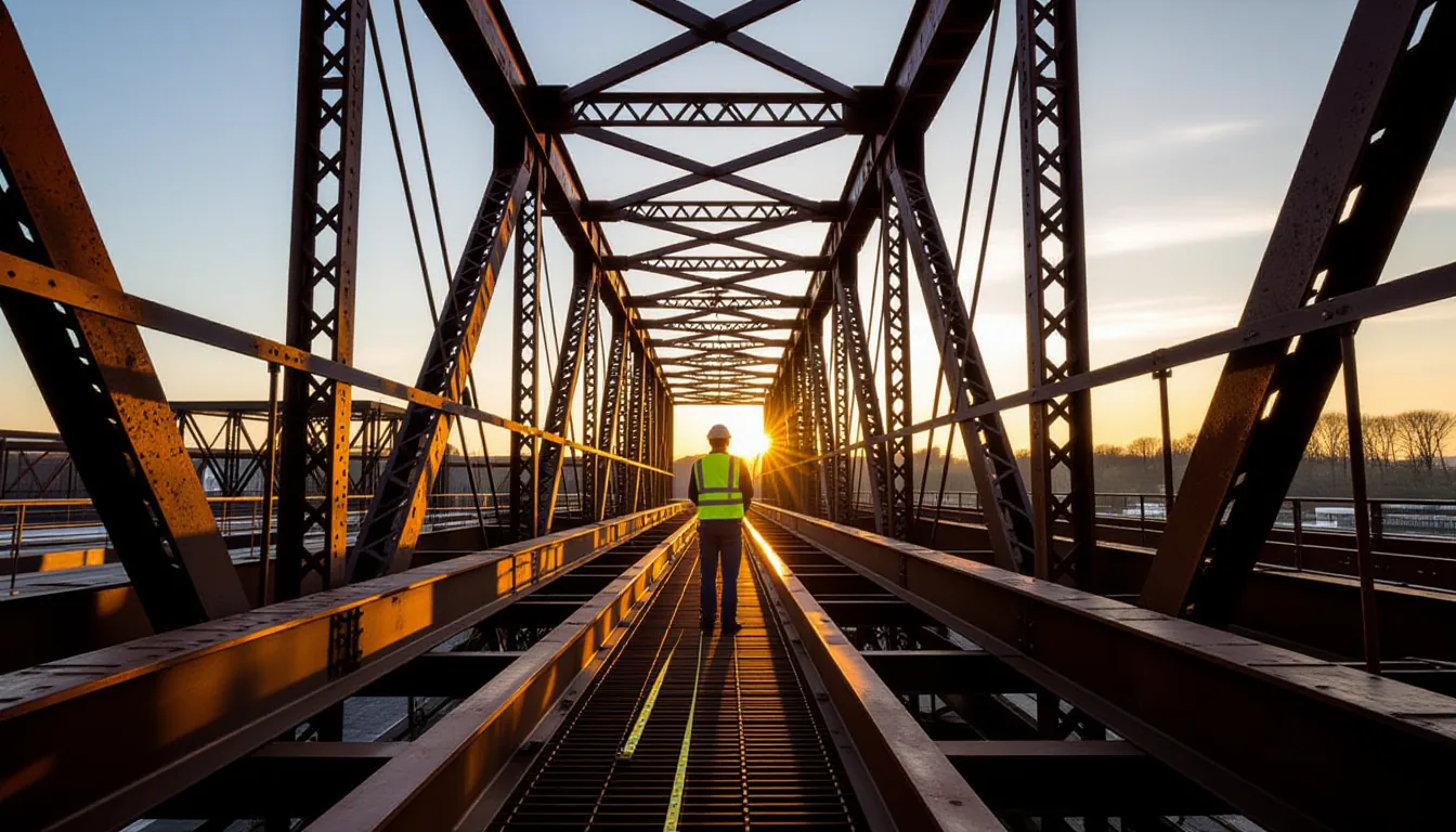Golden-hour light slices through the rusted iron lattice of a suspension bridge under construction