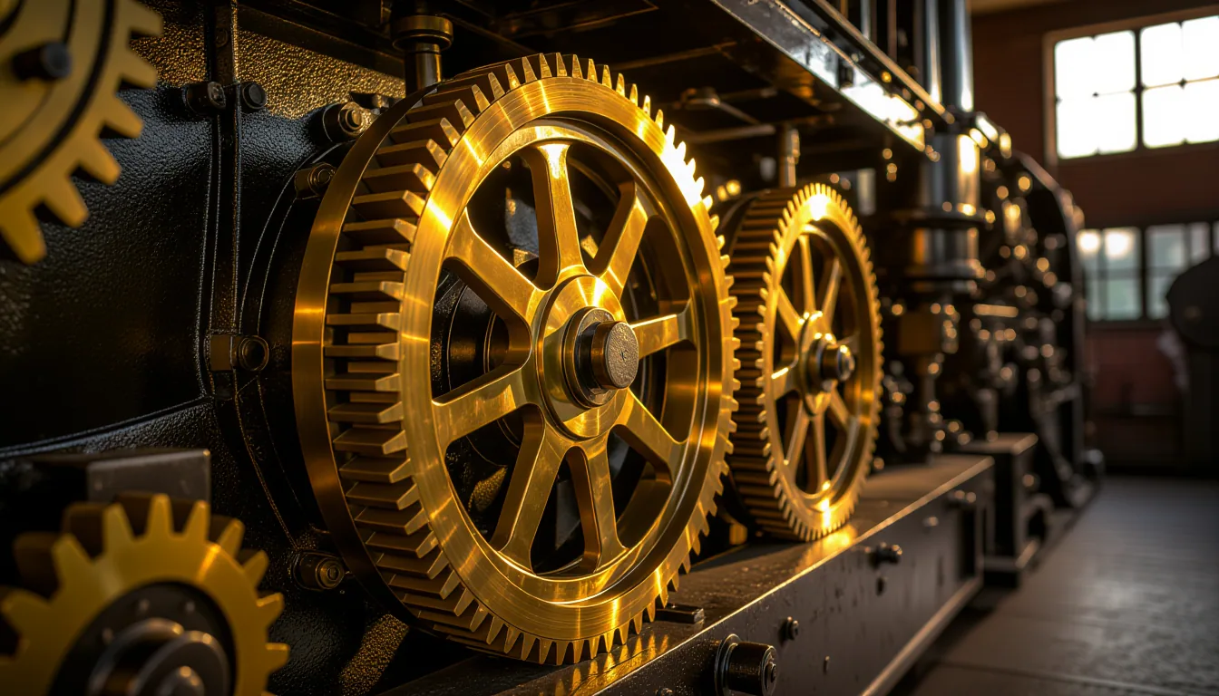 Golden hour sunlight catches polished brass gears of a working steam engine at an industrial heritag