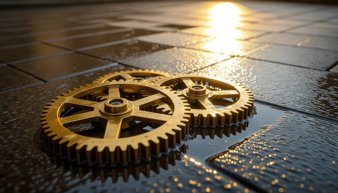 A close-up of oxidized brass clockwork gears half-submerged in a rain-puddled concrete courtyard, th
