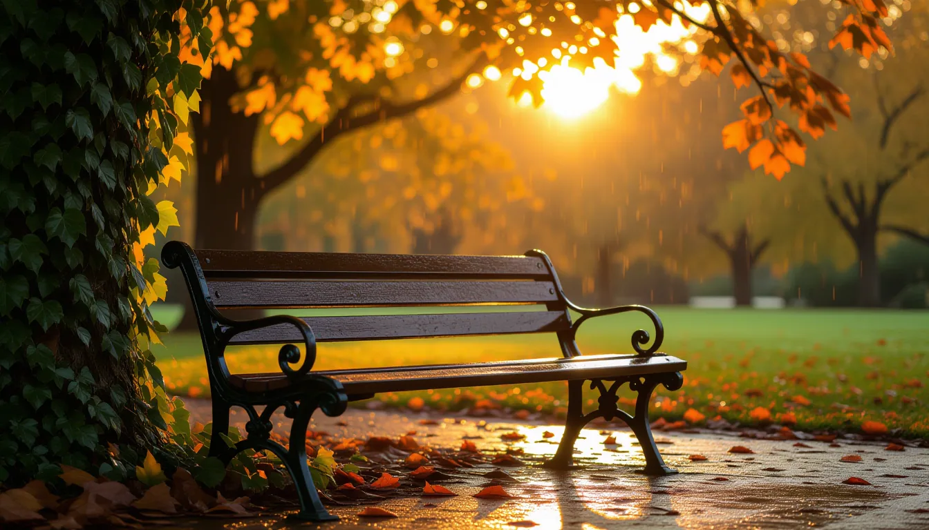 A rain-slicked park bench in golden hour, where creeping ivy climbs weathered stone, backlit by ambe