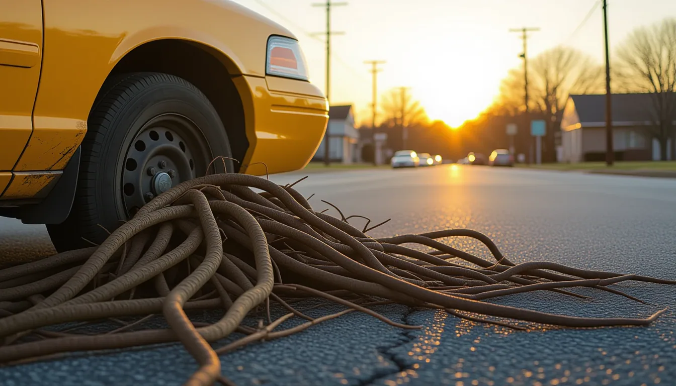 A tangle of thick, knotted kudzu roots erupts from cracked asphalt at a Greenville intersection, the