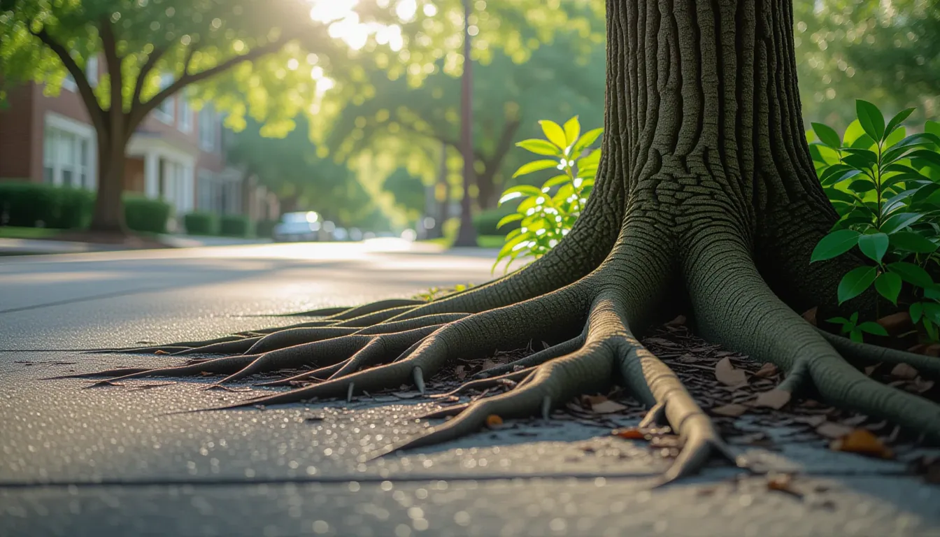 A close-up shot captures a sprawling root system breaking through cracked concrete on a Greenville s