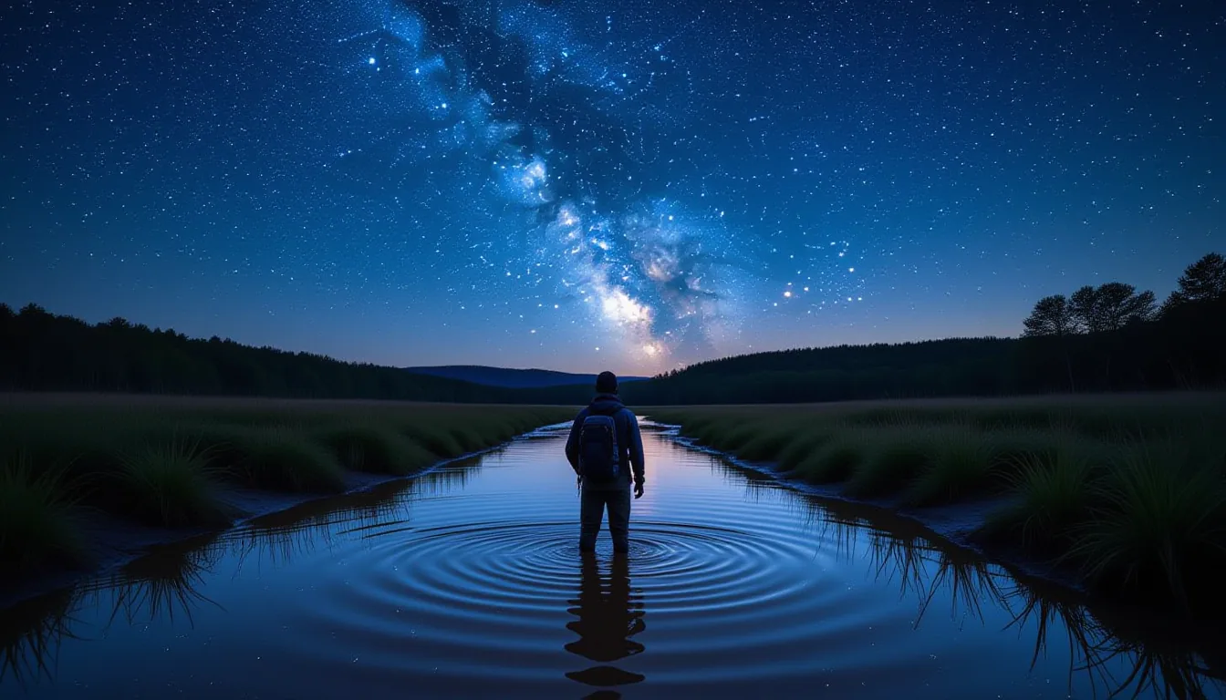 A solitary hiker stands waist-deep in a muddy upstate creek at blue hour, the dark horizon stretchin