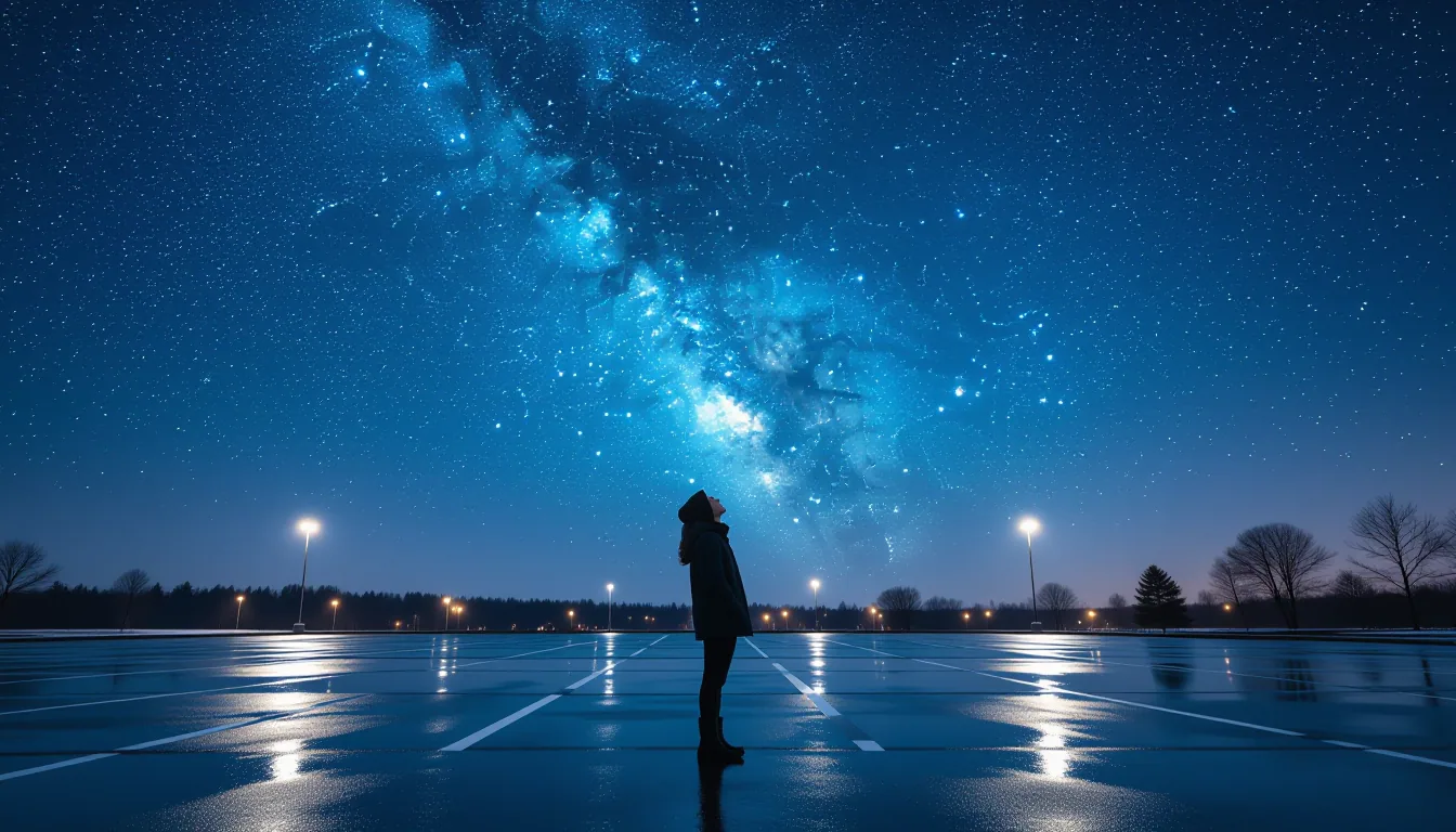 A lone figure in a rain-slicked parking lot, head tilted back, dwarfed by the Milky Way’s dense band