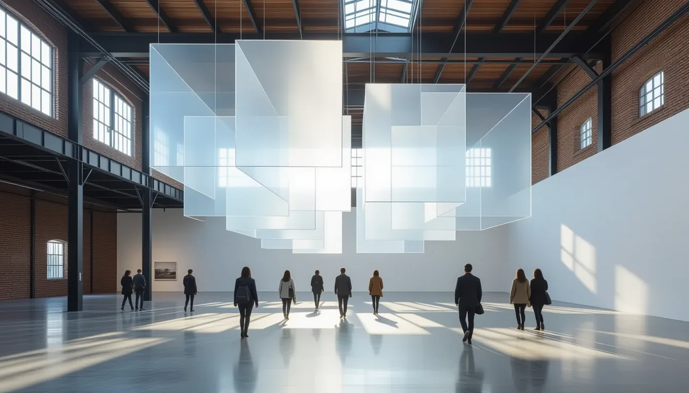 Overcast diffused light catches layered translucent acrylic planes suspended mid-air in an industria