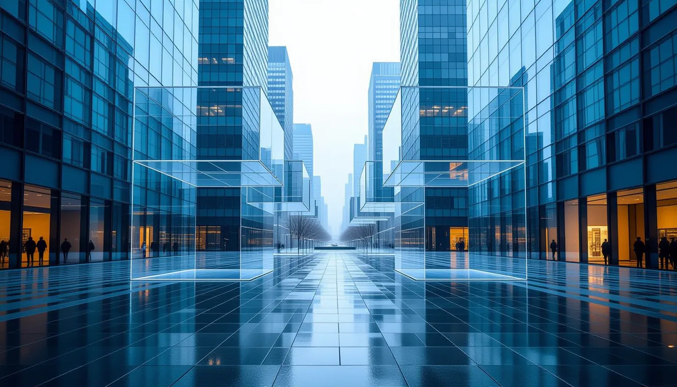 Overcast diffused light on a rain-slicked urban plaza where layered translucent acrylic planes float