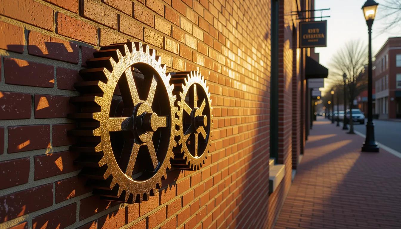 A weathered steel gear train mounted on a brick wall in Columbia’s historic district, backlit by lat