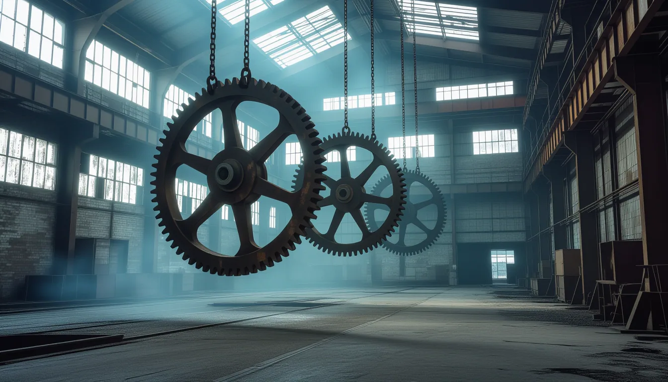 Overcast light filters through a derelict factory floor, catching dust motes swirling around massive