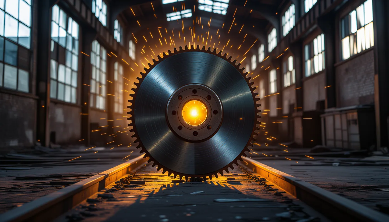 A rusted steel flywheel spins in an abandoned factory at blue hour, its teeth catching low amber sha
