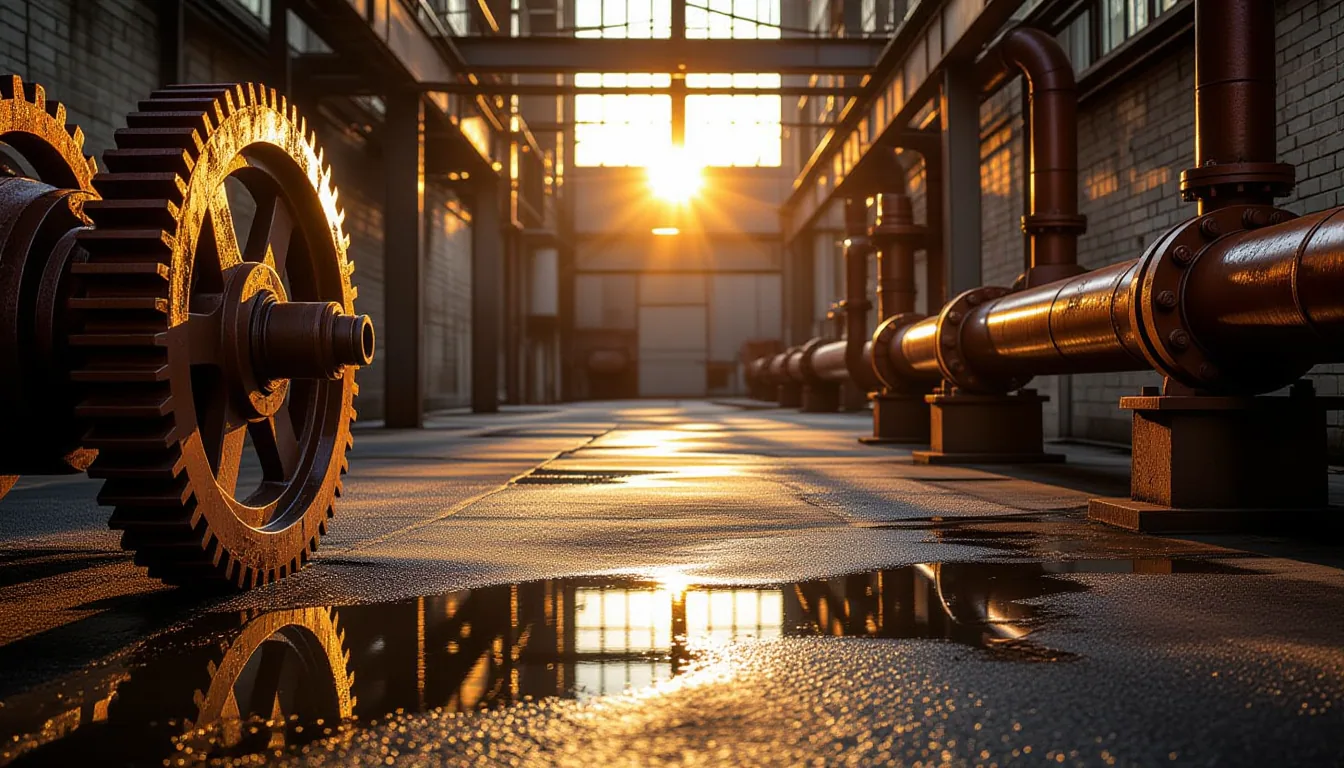 A sunlit industrial courtyard at golden hour, shot with a macro lens, where rusted steel gears and c