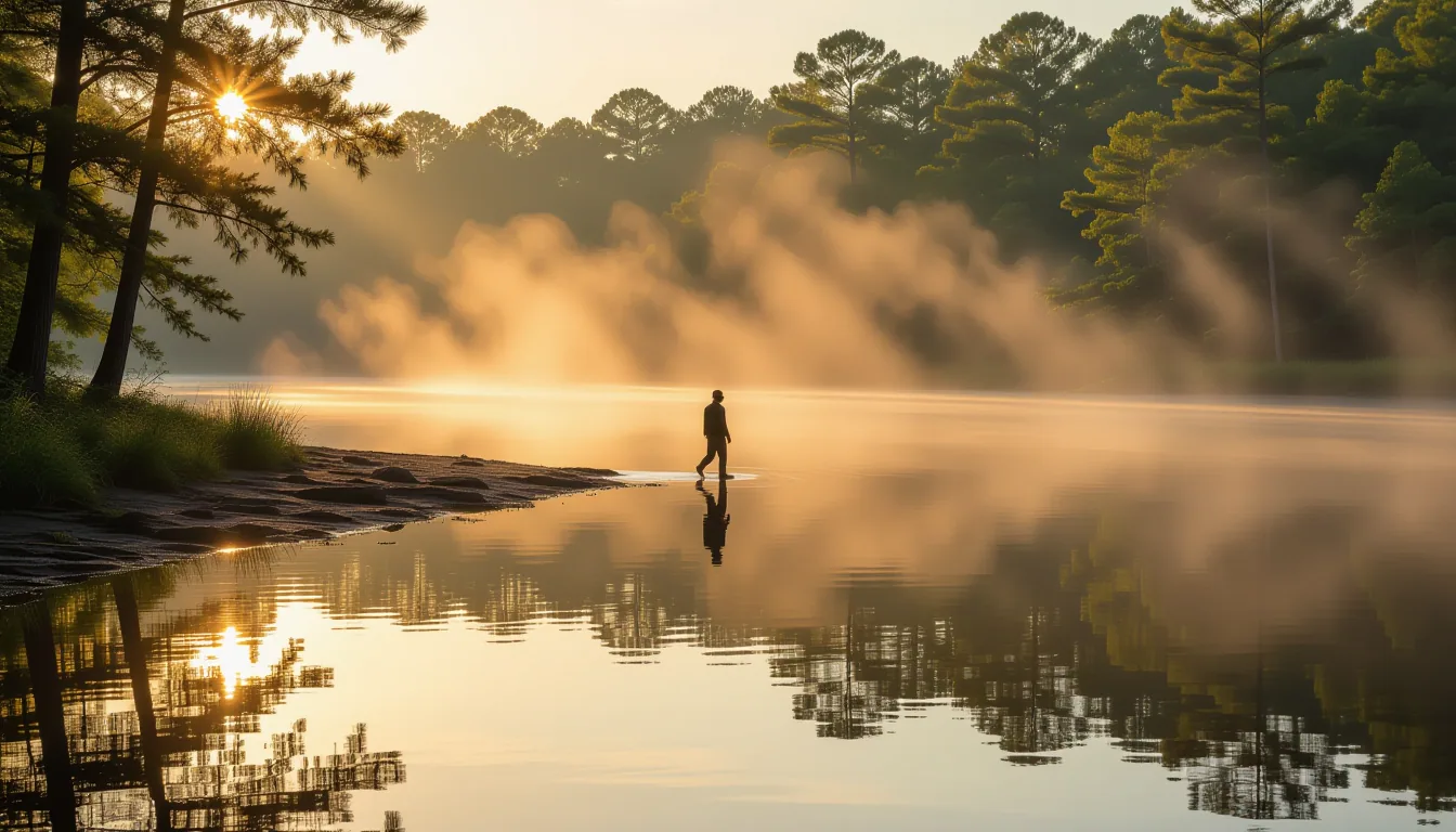 Early morning fog lifts off the Congaree River, catching golden-hour shafts of sunlight that pierce