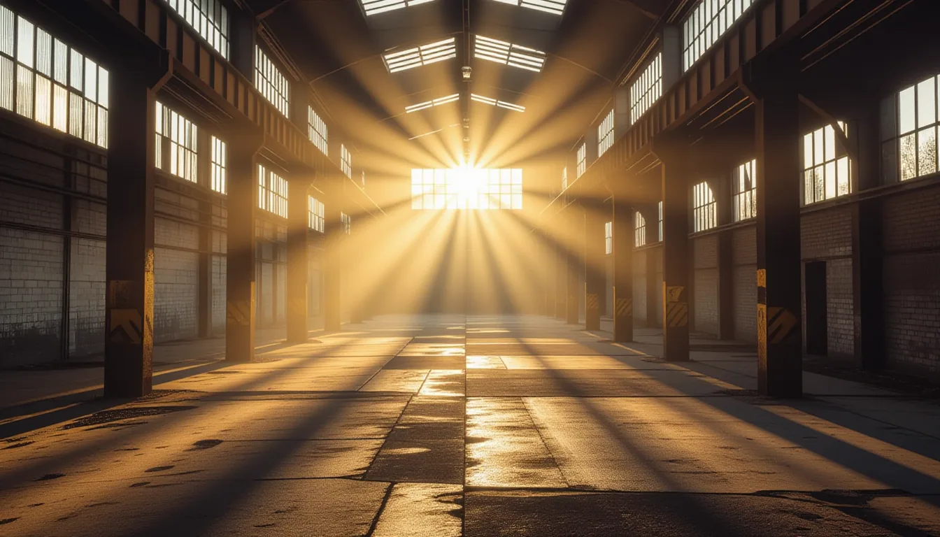 Golden-hour shafts of light cut through thick morning fog in an abandoned industrial loading dock, i
