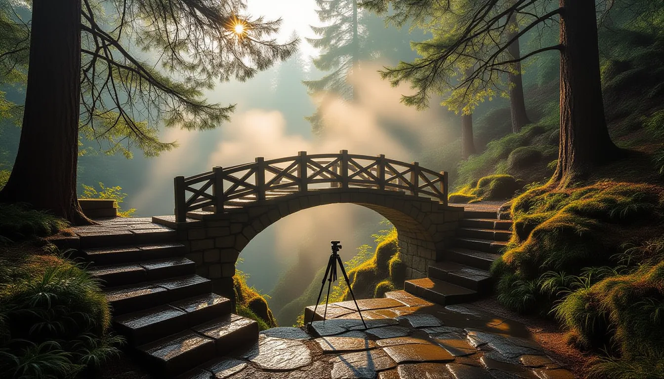 A narrow stone footbridge spans a mist-choked ravine; golden-hour light filters through the pine can