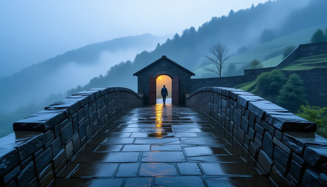 A weathered stone footbridge arches over a misty ravine at blue hour, its wet slate gleaming under d