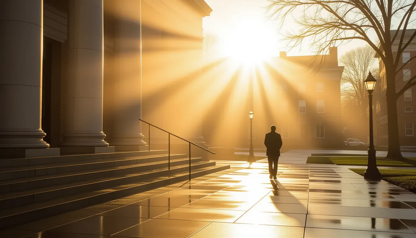 Sunlight breaks through morning fog at a Greenville courthouse steps, casting sharp golden beams acr