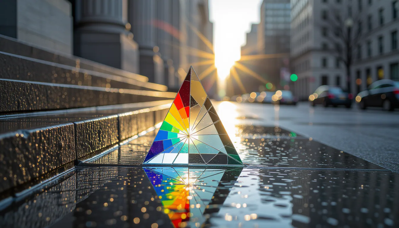 A cracked glass prism on a rain-streaked courthouse windowsill fractures morning light into seven sh