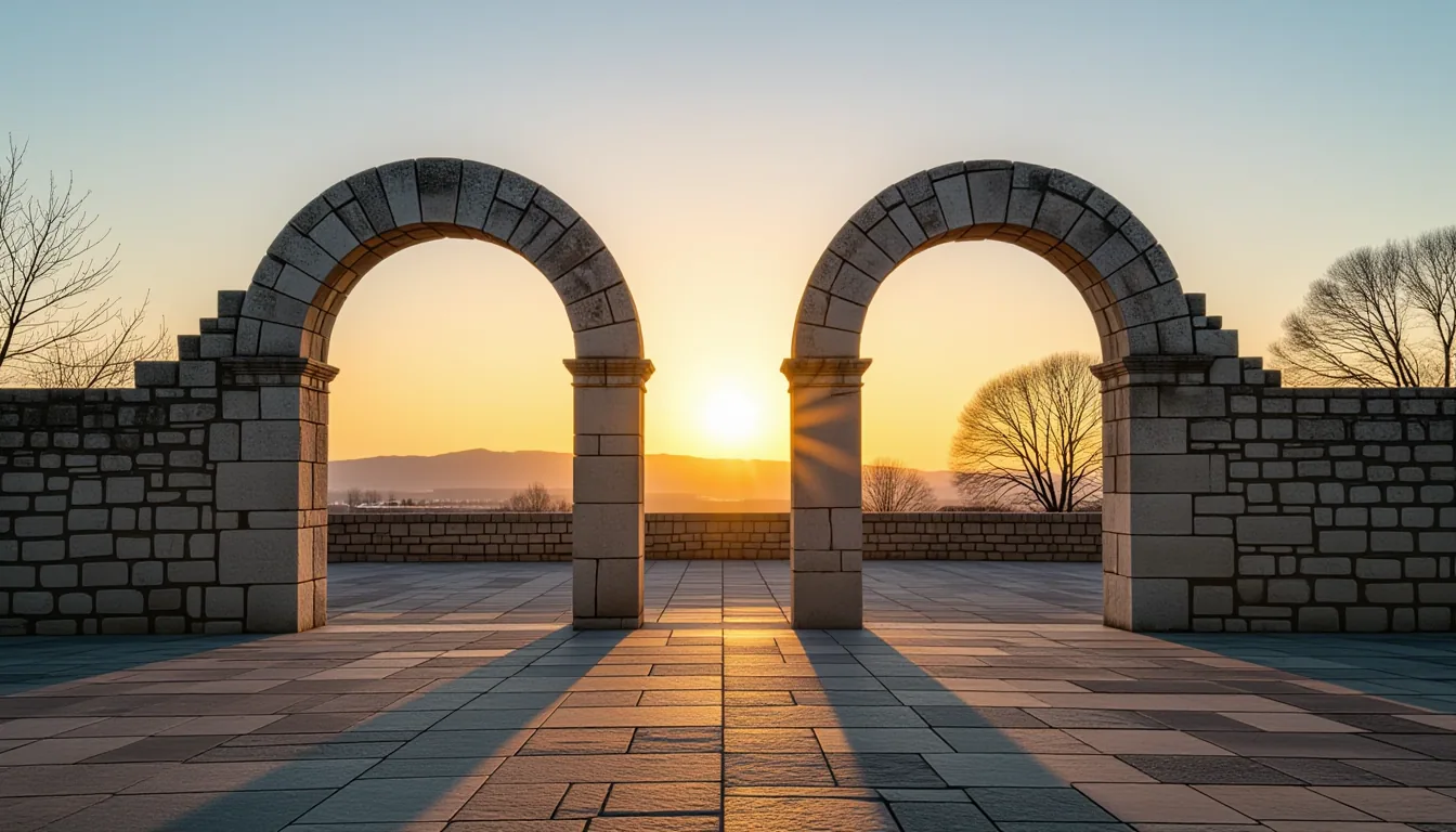 A pair of identical stone arches stands in an empty courtyard at golden hour, one pristine and unwea