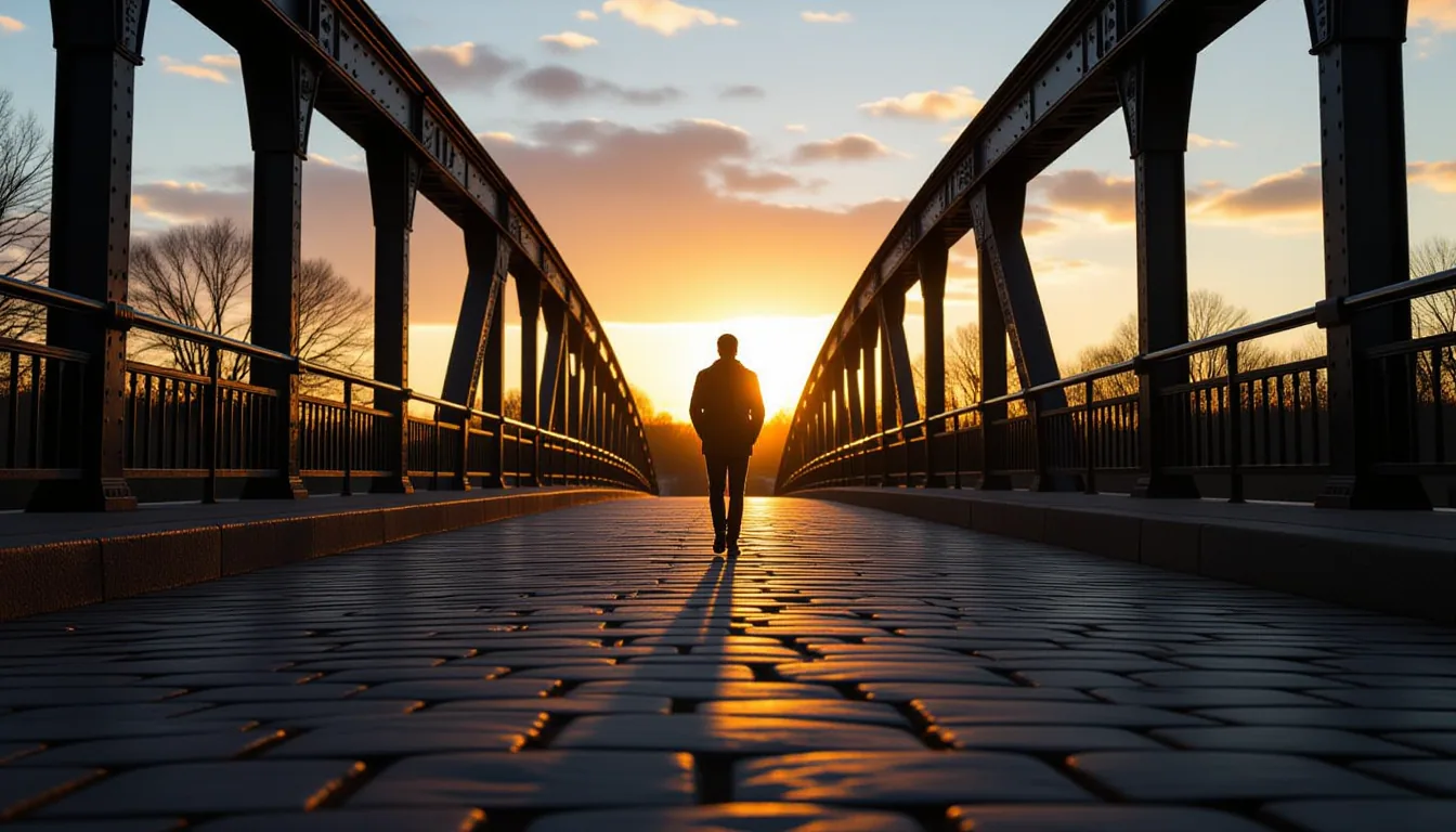Shallow depth of field frames a lone figure standing on a cracked stone bridge at dusk, their silhou
