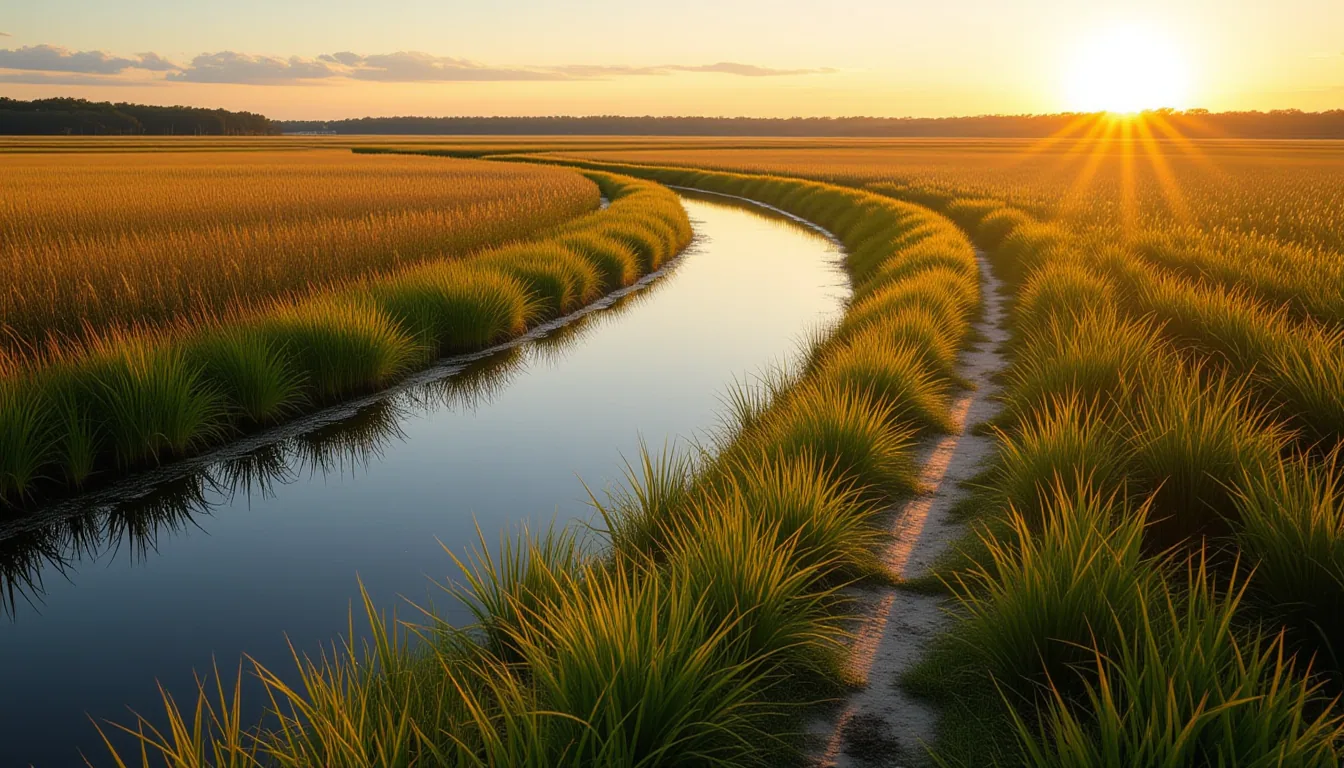 A wide-angle shot from a coastal bluff in South Carolina at golden hour, the low sun casting long sh