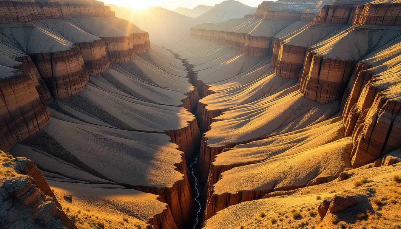 A steep mountain valley floor divided by a jagged fault line, captured in golden hour with warm dire