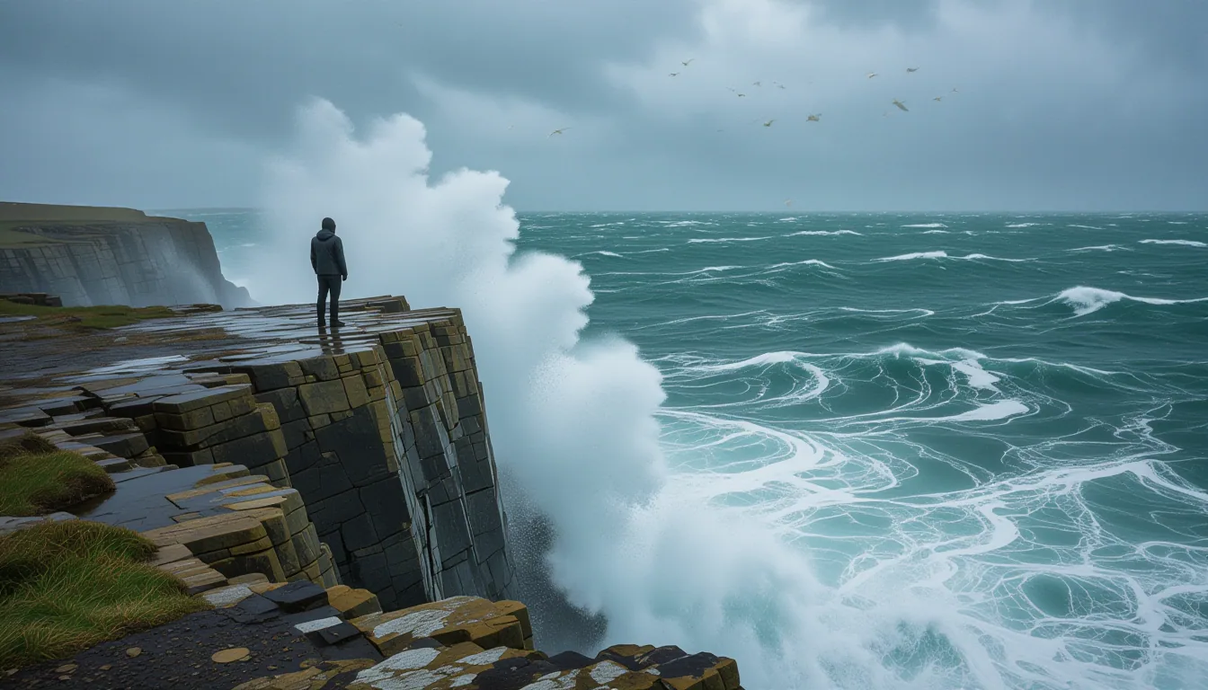 A lone figure stands on a jagged cliff edge overlooking a churning, grey Atlantic coastline under st