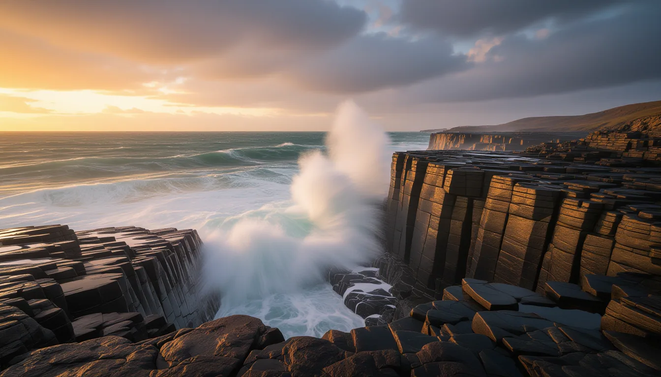 A jagged coastal cliff at golden hour, where storm-churned Atlantic waves hammer a fractured rock fa