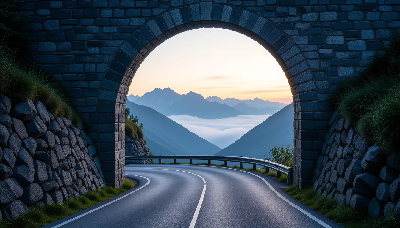 A misty mountain pass at twilight, where a narrow asphalt road clings to the edge of a deep gorge, l
