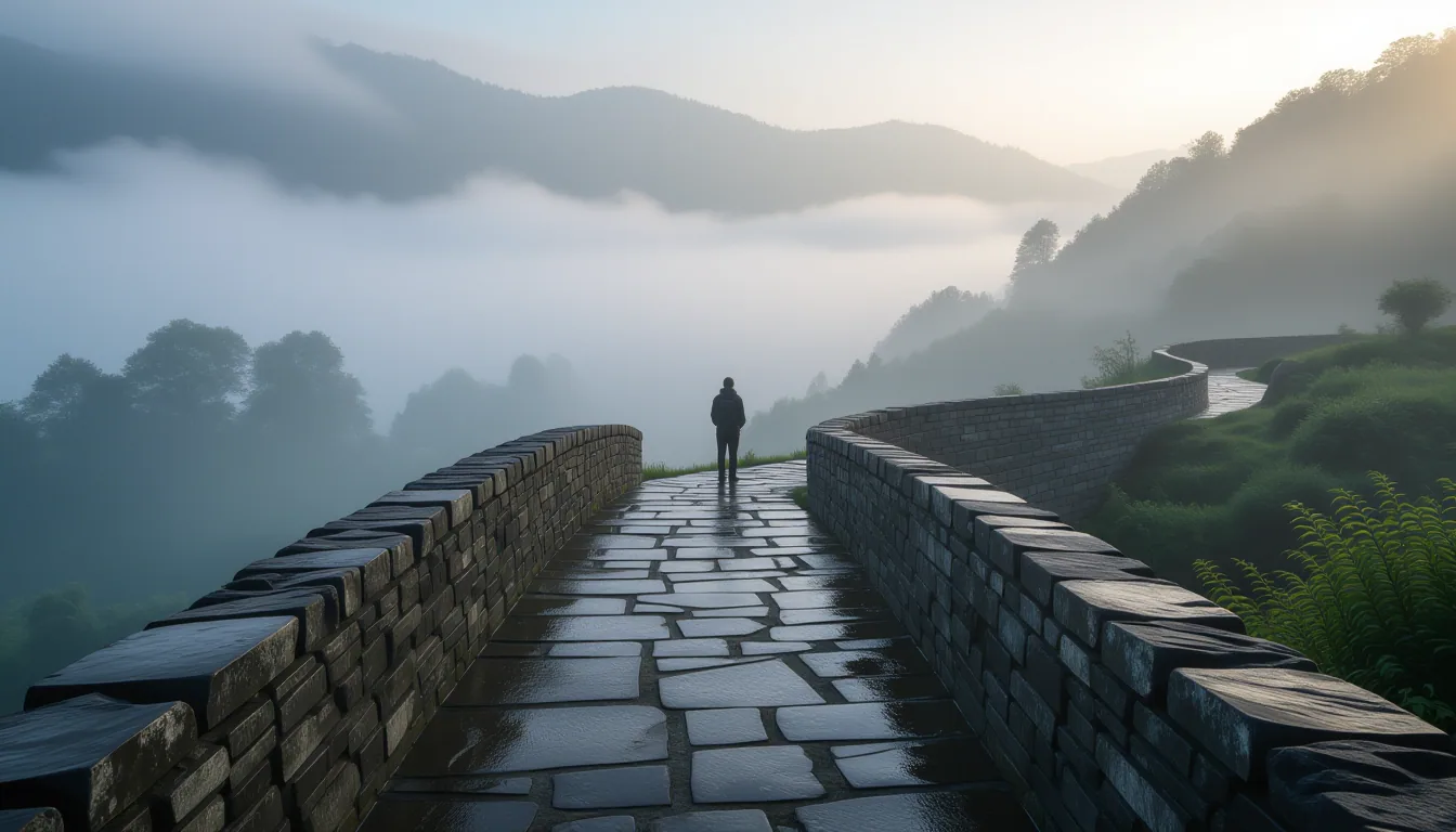 A weathered stone footbridge spans a mist-shrouded gorge in early morning fog, the path ahead narrow
