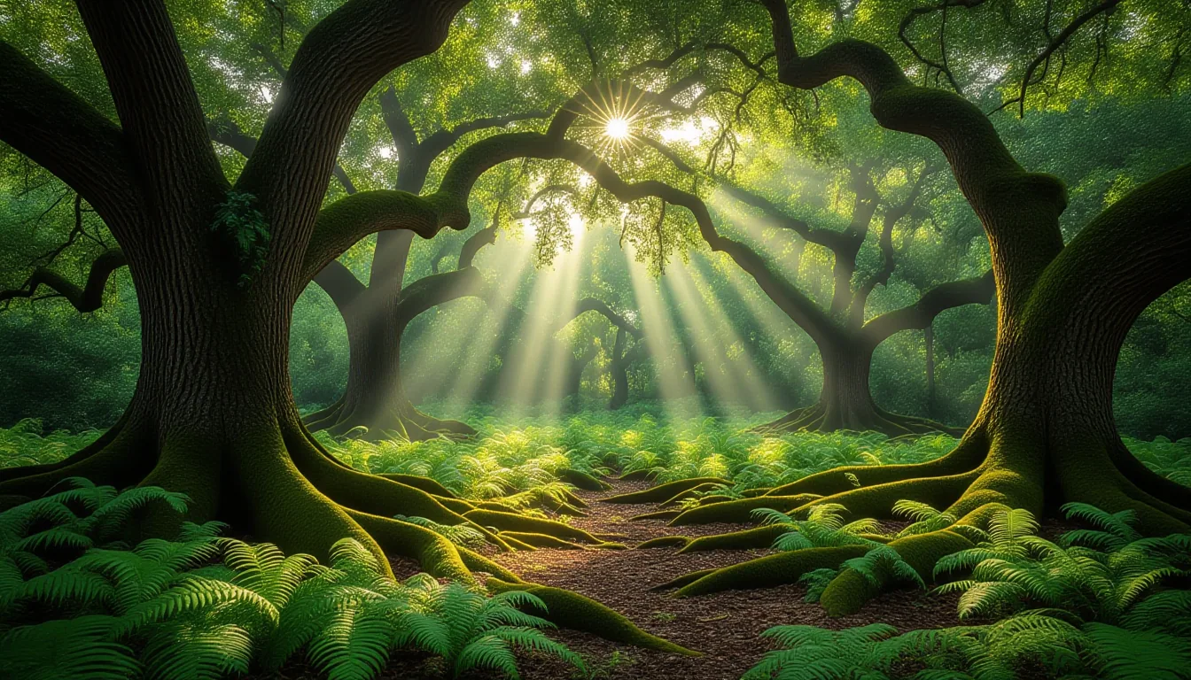 Sunlight filters through the sprawling canopy of ancient live oaks, casting dappled shadows on a mos