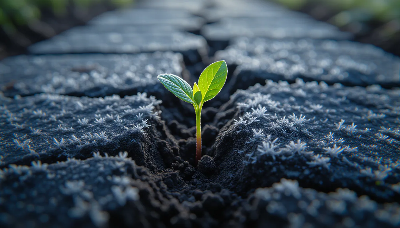 Frost cracking through dark soil, a single green shoot forcing its way up between stone slabs in ove