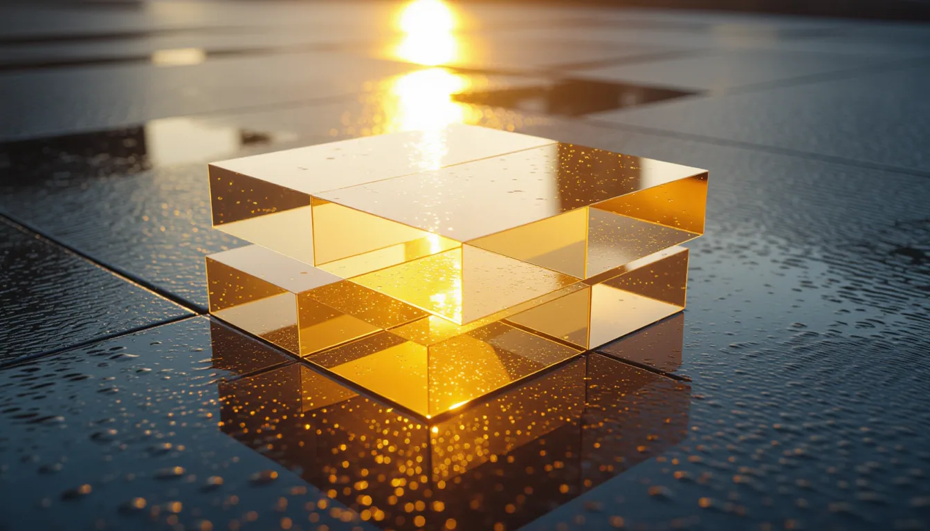 Golden hour sunlight fractures through a stack of floating translucent acrylic planes, casting geome