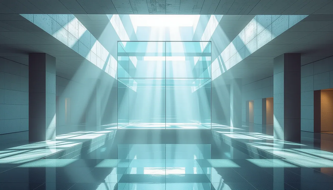 Overcast diffused light spills through three stacked translucent glass planes in a brutalist atrium