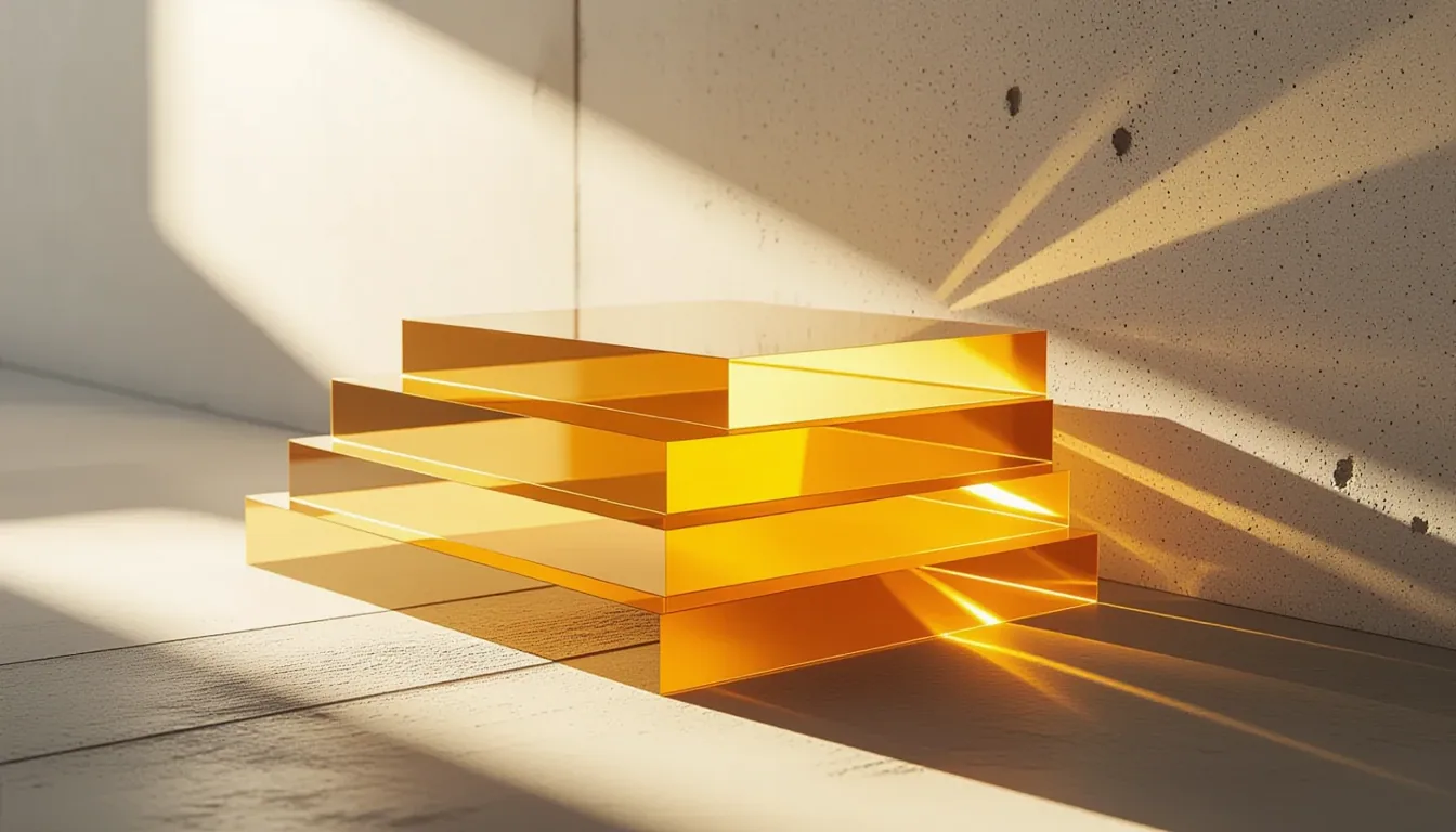 Golden hour light passing through stacked translucent acrylic sheets layered like geological strata