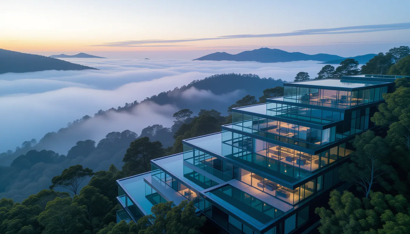 Aerial shot at dawn: stacked glass terraces over misty forest, each level reflecting pale blue sky i