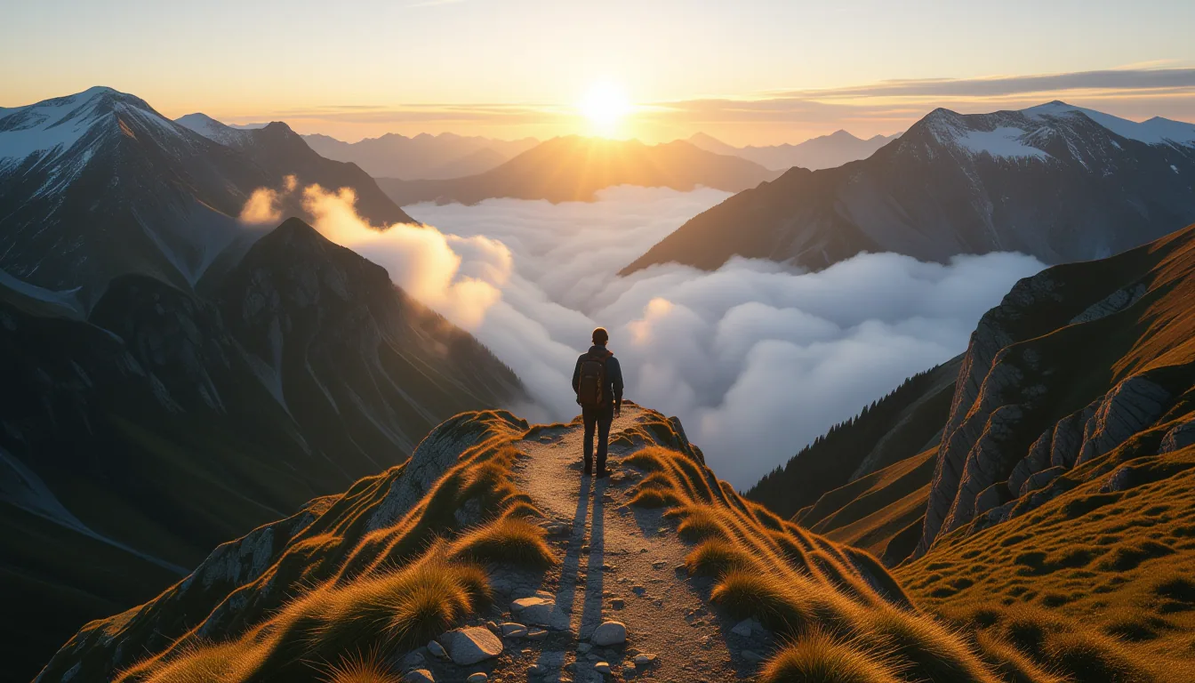 A single hiker pauses on a narrow, wind-scoured ridge trail at golden hour, looking down into a deep