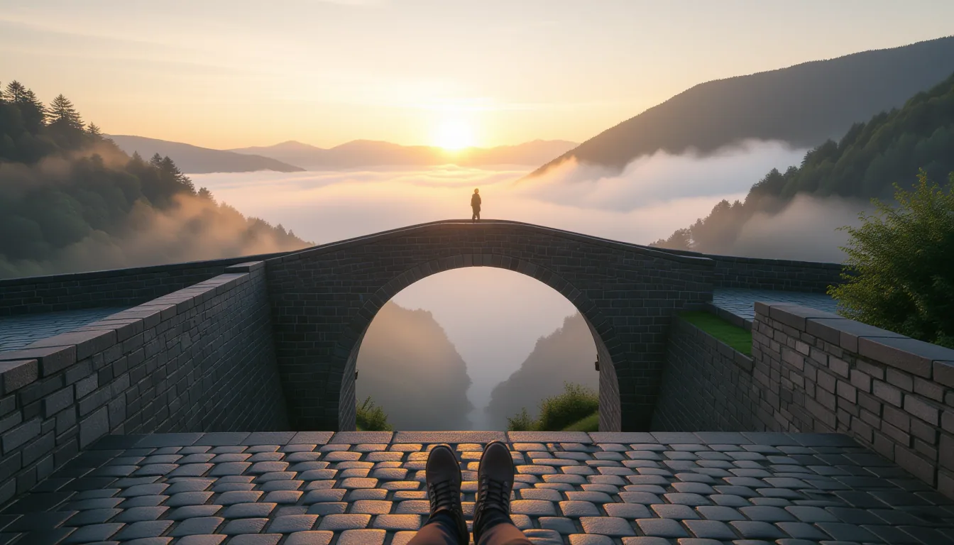 A mist-shrouded stone arch bridge spans a deep, fog-choked valley; golden hour light breaks through