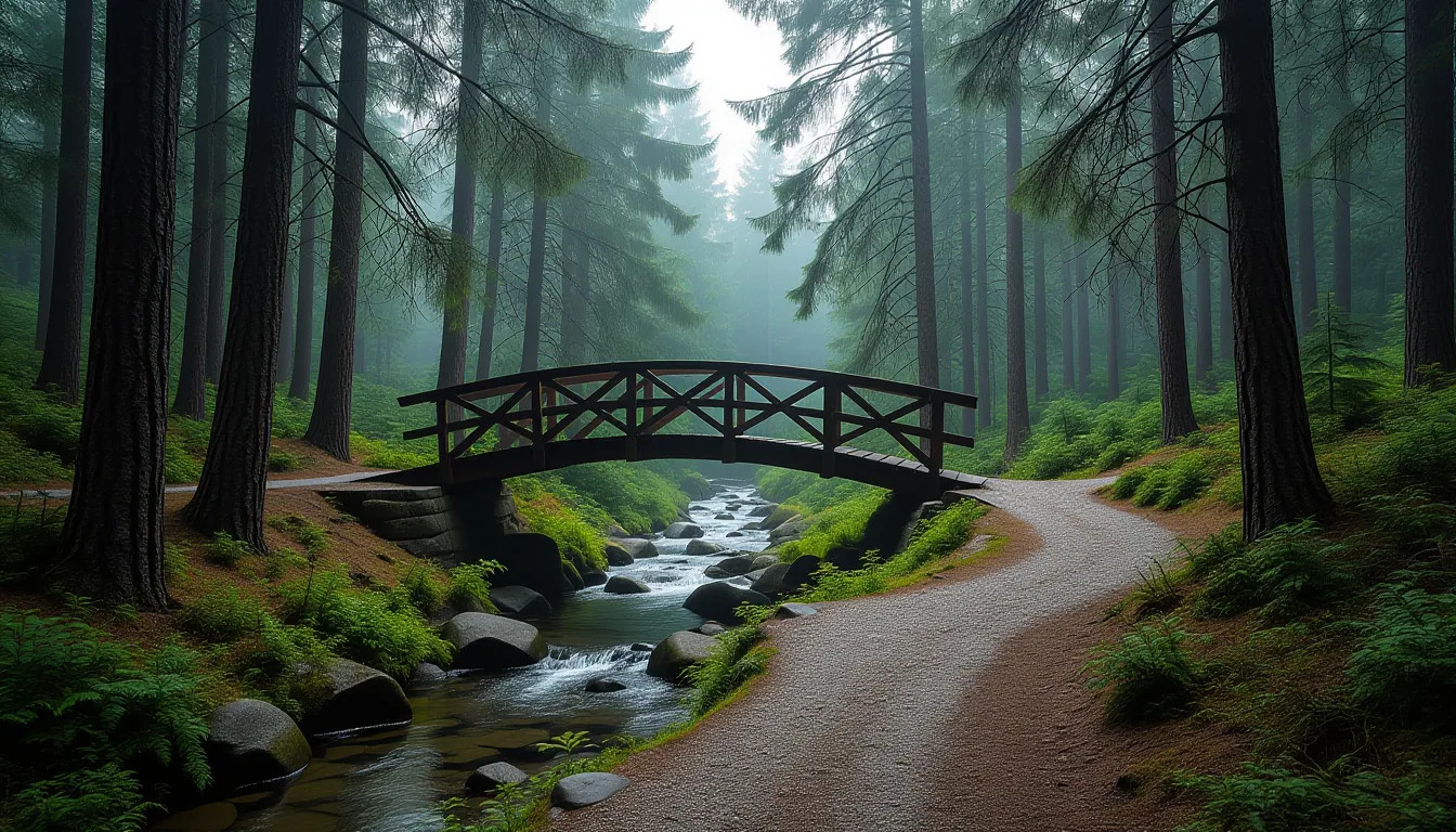 A narrow gravel trail winds through damp pine forest toward a weathered wooden footbridge spanning a