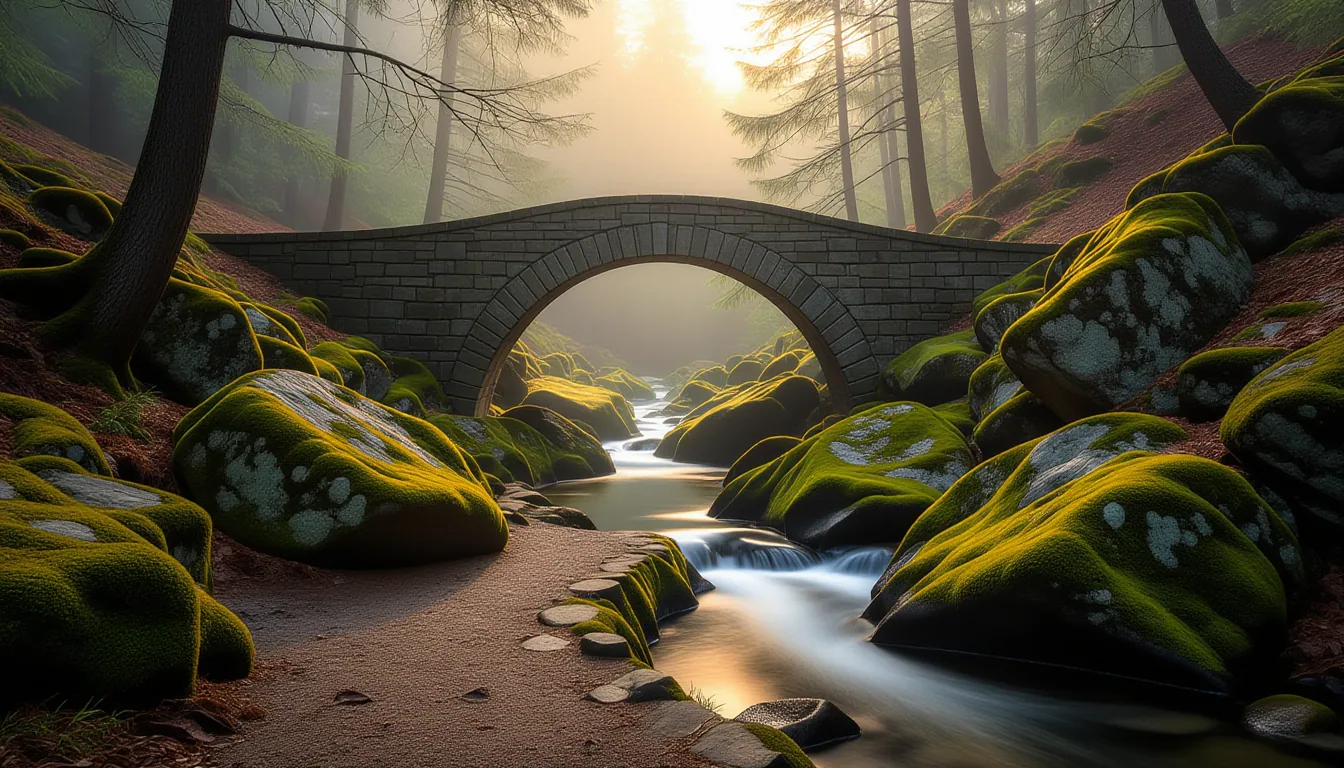 A narrow dirt path winds between mossy granite boulders at golden hour, leading toward a stone arch