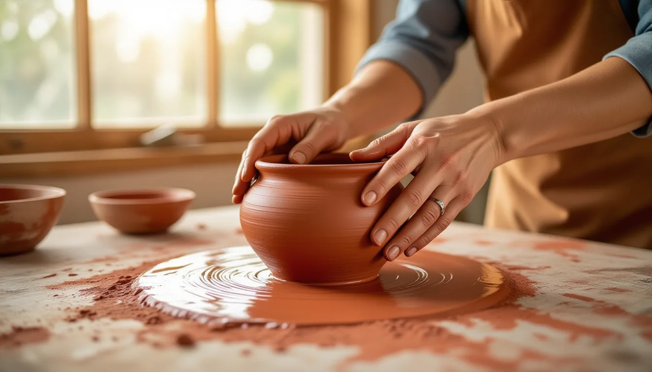 Hands pressing into wet red clay at a South Carolina studio table, fingers smoothing the curve of a