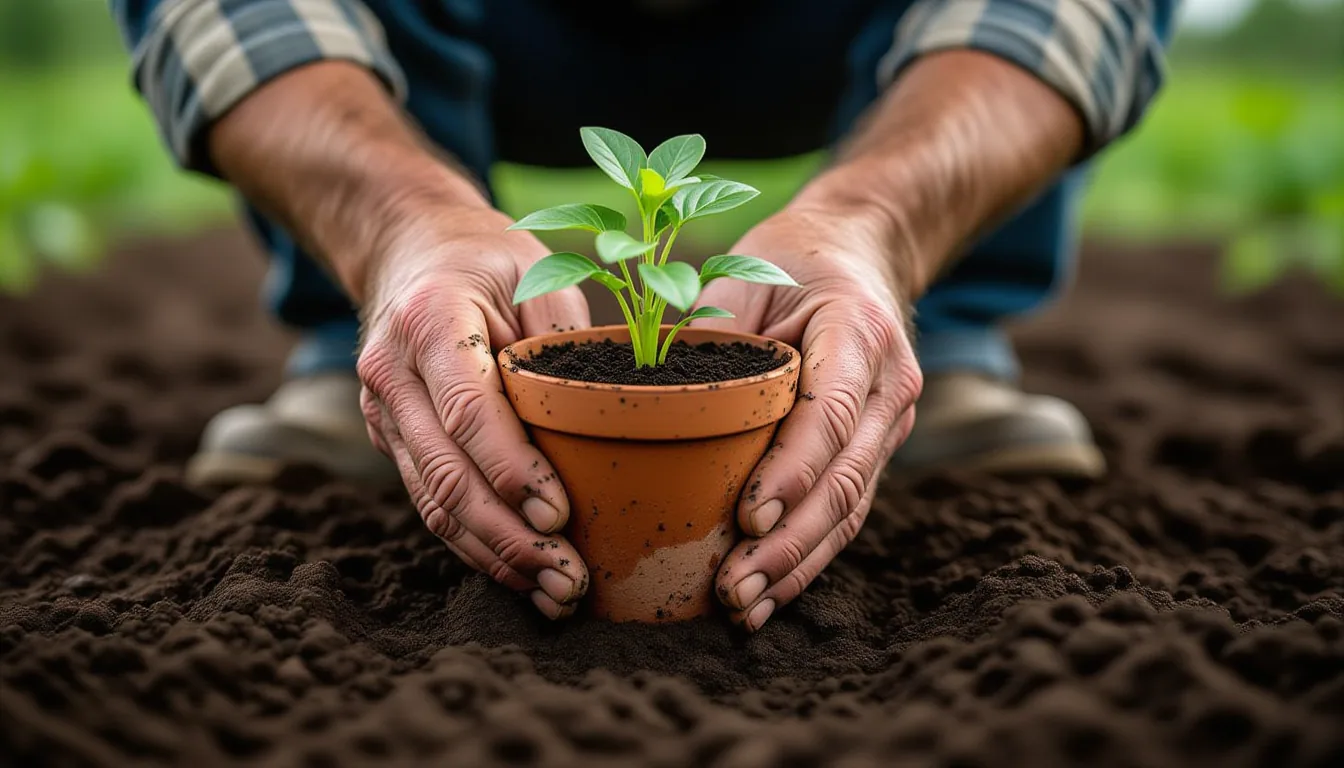Rain-slicked asphalt glistens under overcast sky as weathered farmer’s hands cradle a small clay pot