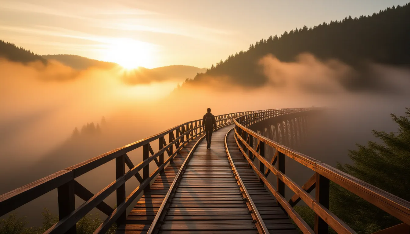 A long-exposure shot captures an abandoned railway bridge spanning a misty ravine at golden hour, wh