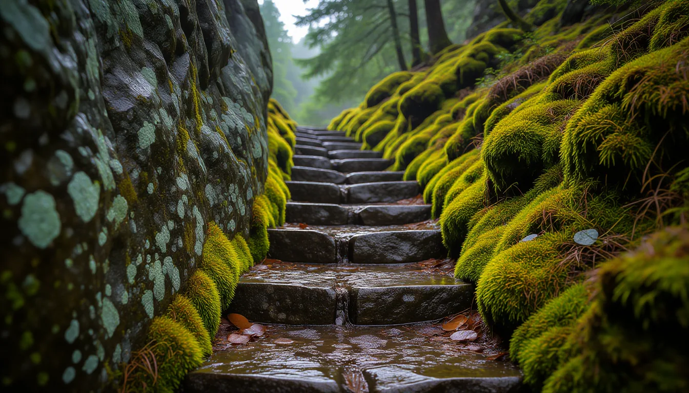 A narrow, worn stone trail cuts through damp mossy rock, curving around a granite outcrop with a sli