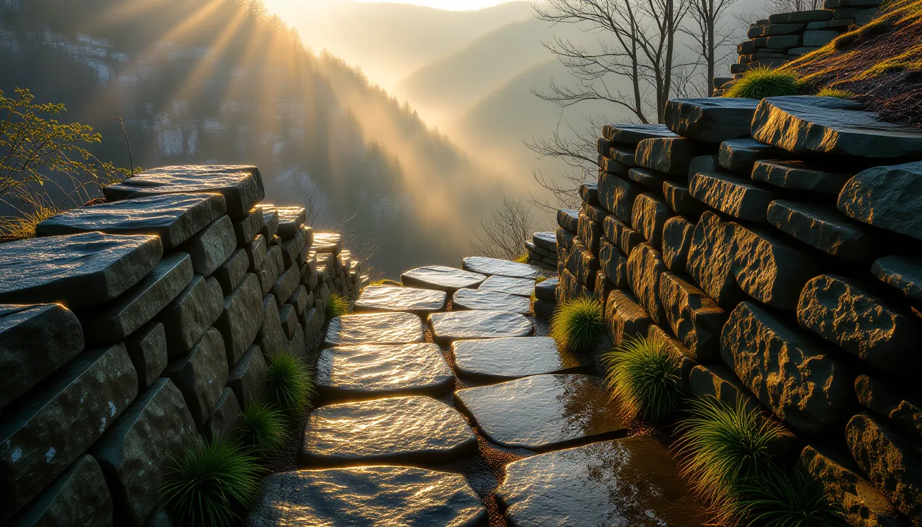 A narrow stone footpath winds down a misty ravine in the Blue Ridge Mountains; golden-hour sun catch