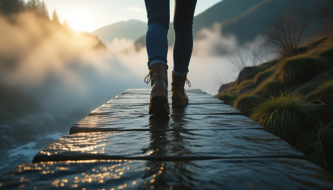 Golden-hour light spills over a weathered stone footbridge spanning a mist-choked gorge, a lone figu