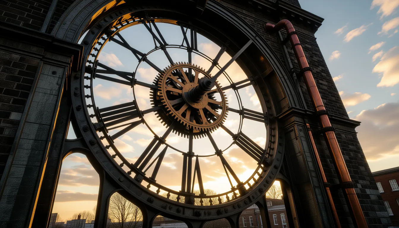 Golden-hour light cuts through the skeletal ribs of a derelict clocktower, illuminating a tangle of