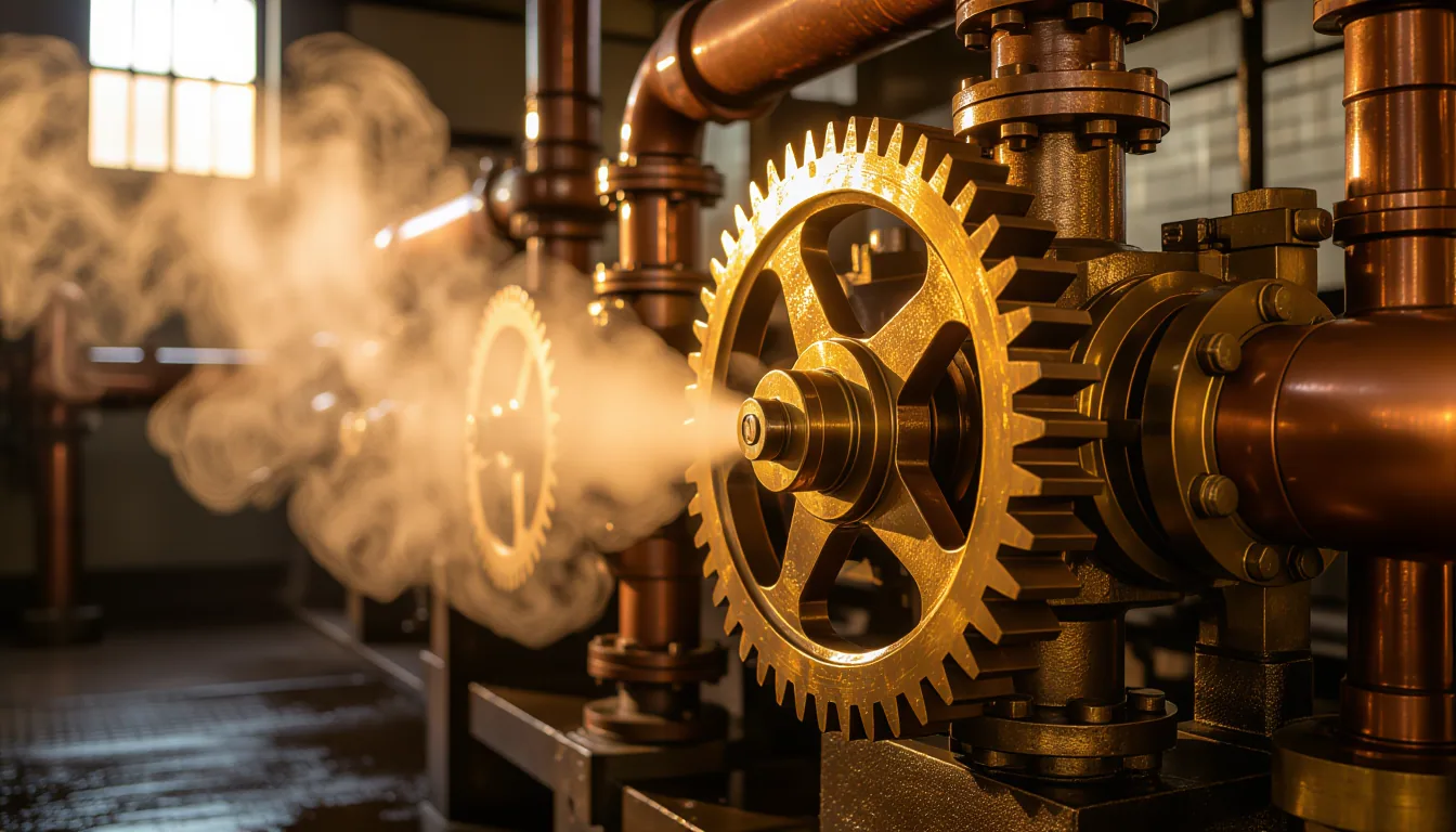A weathered brass gear train in a 1920s pumping station, steam hissing from copper pipes, captured a