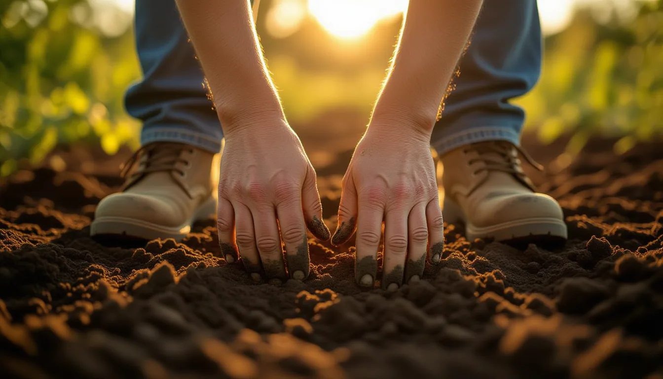 Muddy fingers pressing into a sun-baked garden bed at golden hour, shallow depth of field isolating