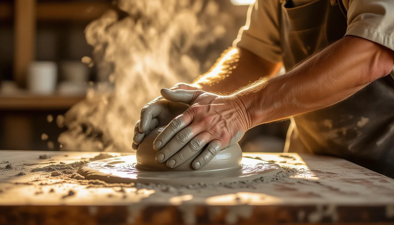 A pair of scarred, calloused hands kneading dense, wet gray clay on a scarred wooden workbench, shal