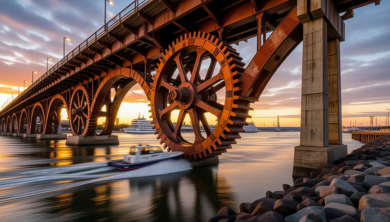 A massive gear-driven bridge span in Charleston at golden hour, its interlocking steel cogs and rust